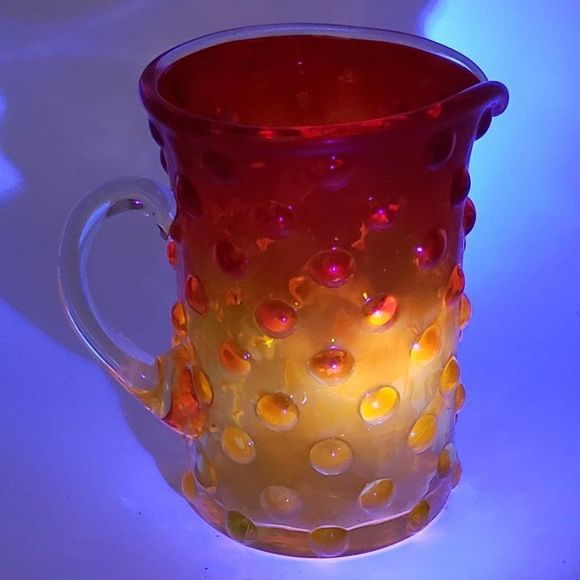 Mini Amberina Vintage Hand Blown Hobnail Glass Pitcher or Vase w/Applied Handle - Picture 13 of 14